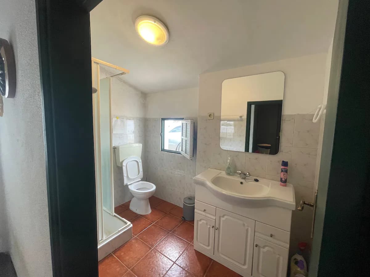 Bathroom with shower and mirror
