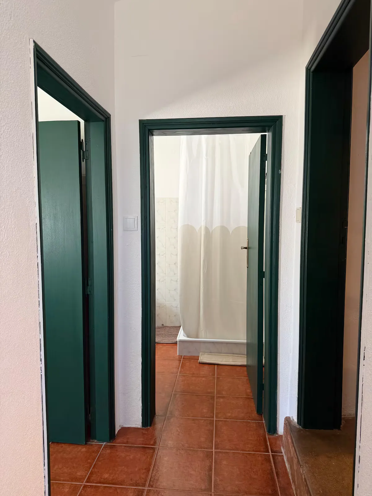 Hallway with green doors and terracotta floor
